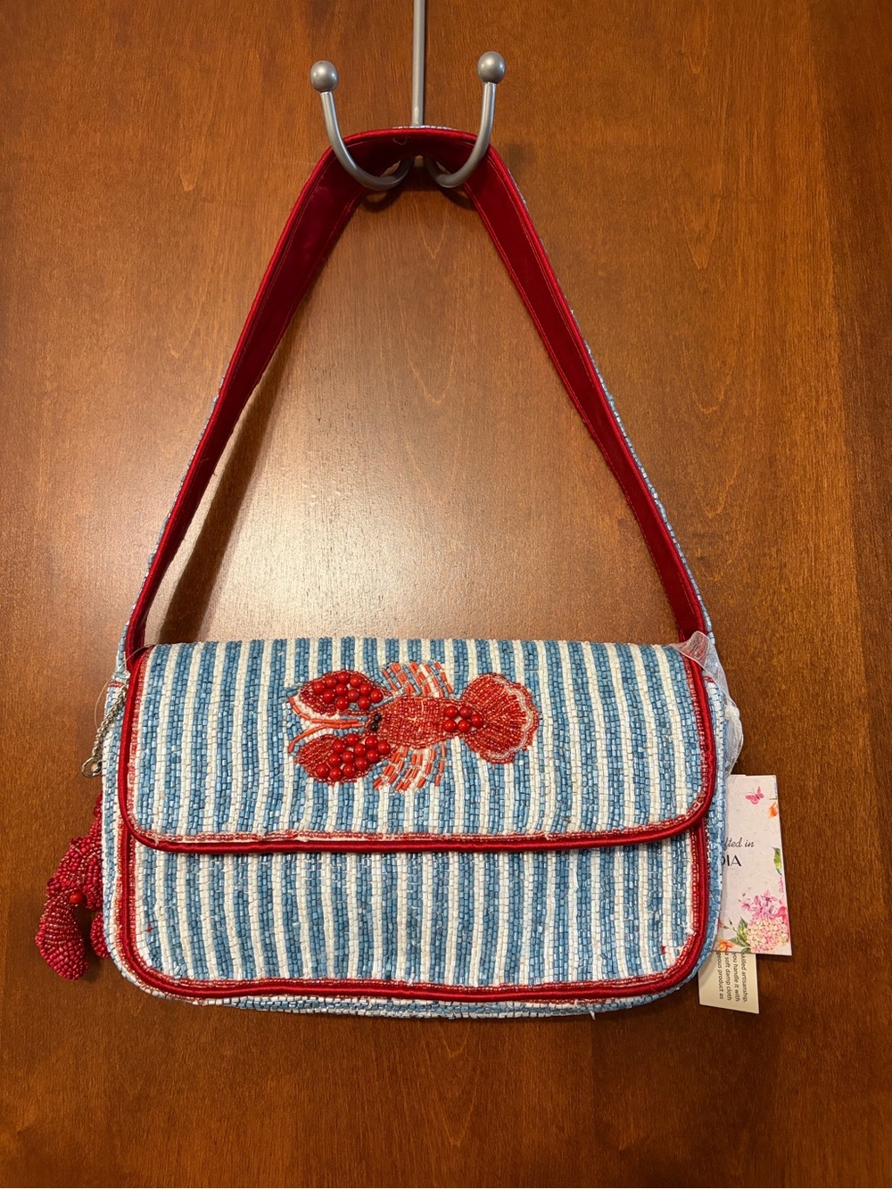New Handmade in India Beaded Blue-White Striped Lobster Shoulder Bag
